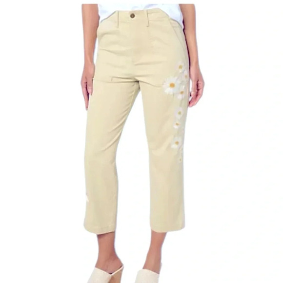 DRIFTWOOD Beige Cropped Pants with Floral Embroidery - Picture 1 of 4